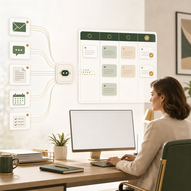 Business messages, forms, and calendar items flowing into an organized workflow board.