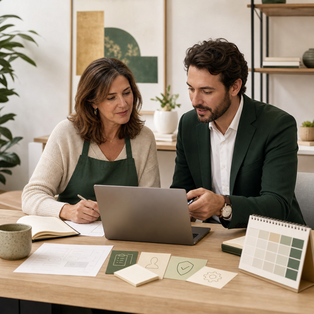 A consultant and small business owner reviewing business requirements at a laptop.