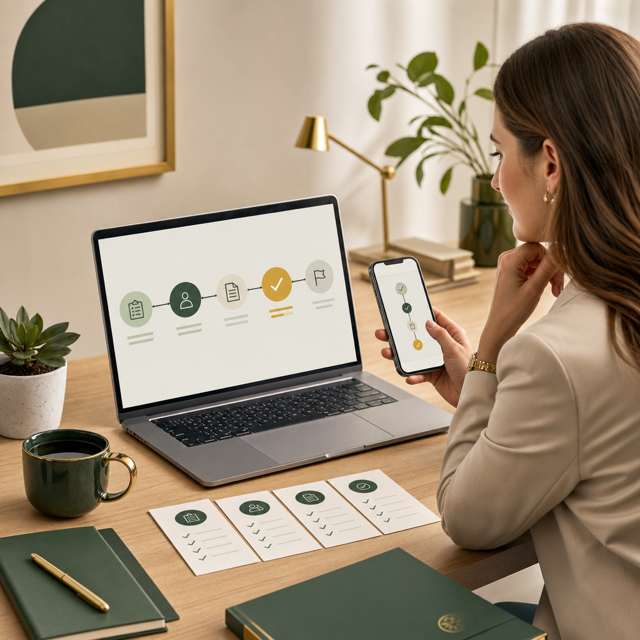 A small business owner reviewing a ready-to-run workflow on a laptop and phone.