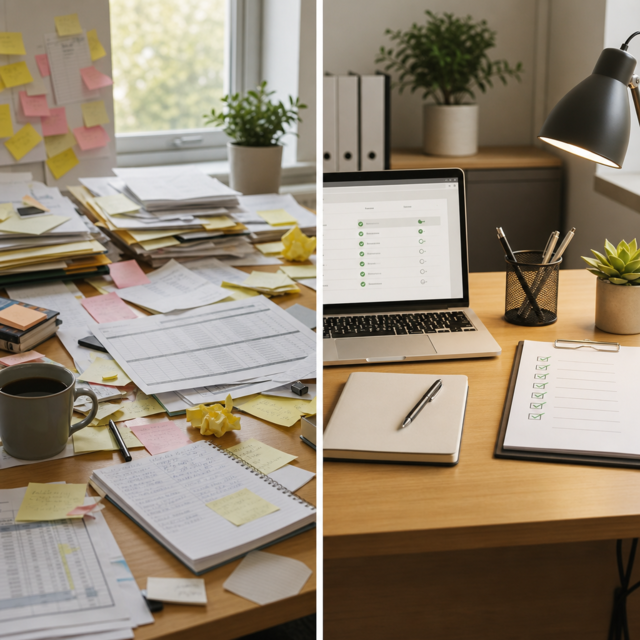 A messy backlog of papers and sticky notes transformed into a clean task tracker and checklist.