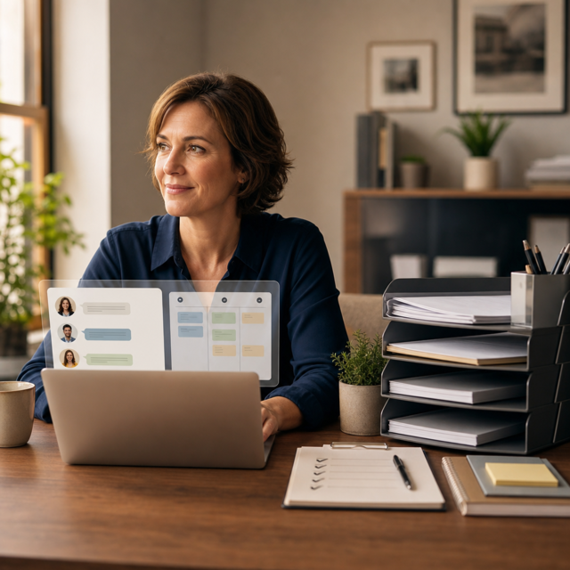 A focused business owner at a clean desk with organized task panels and paperwork set aside.