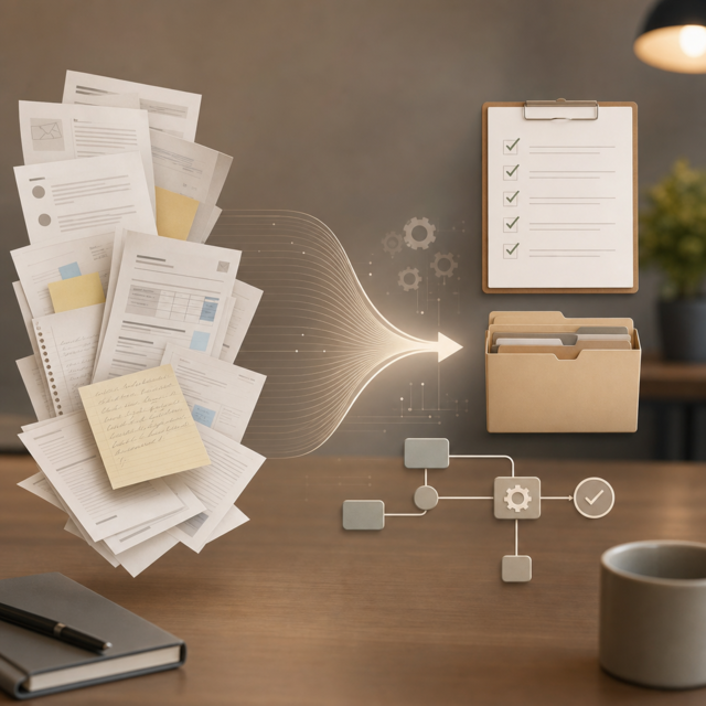 Scattered documents flowing into an organized checklist, folder, and simple automation workflow.